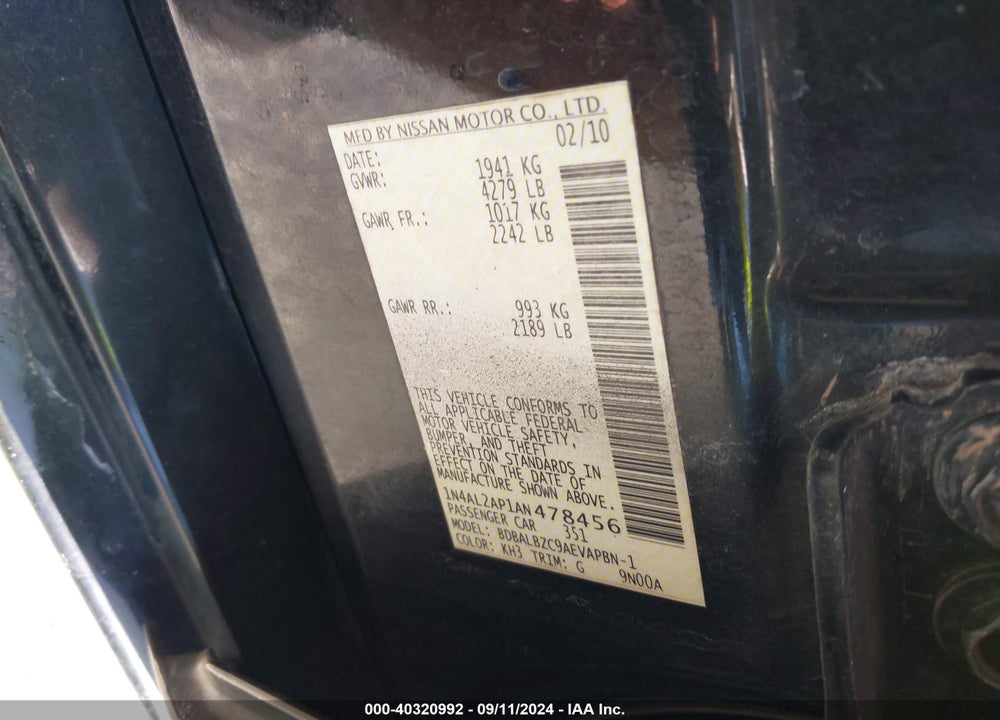 2010 NISSAN ALTIMA 2.5 S VIN: 1N4AL2AP1AN478456