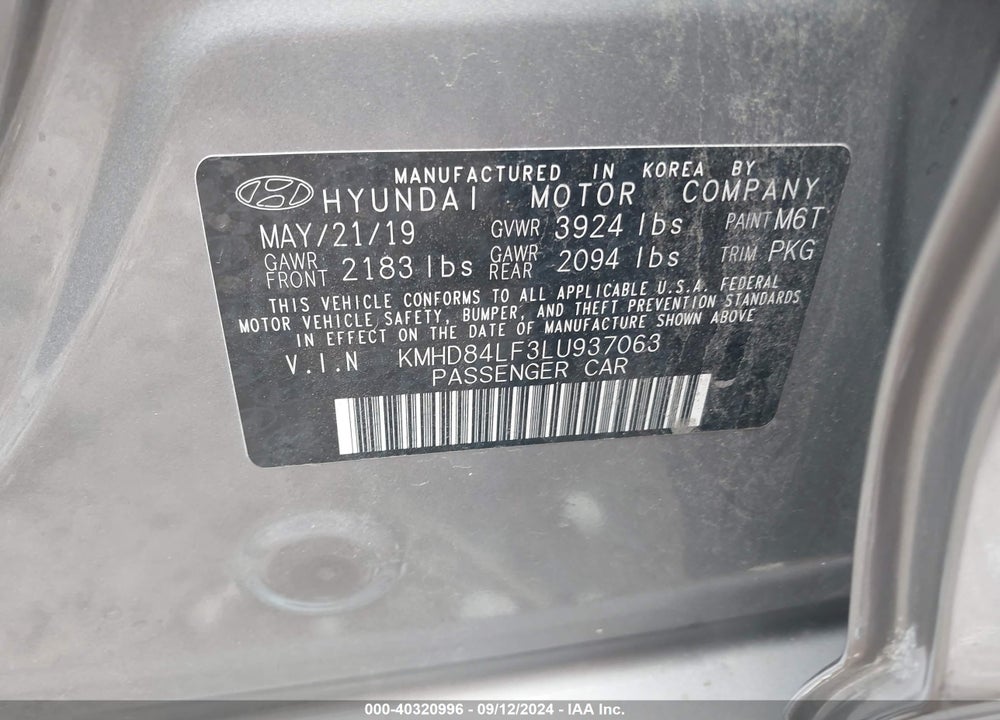 2020 HYUNDAI ELANTRA SEL VIN: KMHD84LF3LU937063