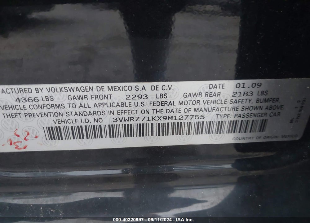 2009 VOLKSWAGEN JETTA SE VIN: 3VWRZ71KX9M127755