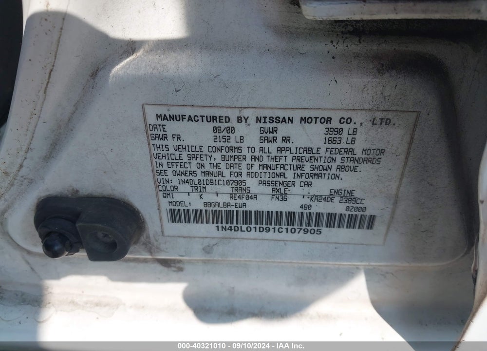 2001 NISSAN ALTIMA VIN: 1N4DL01D91C107905