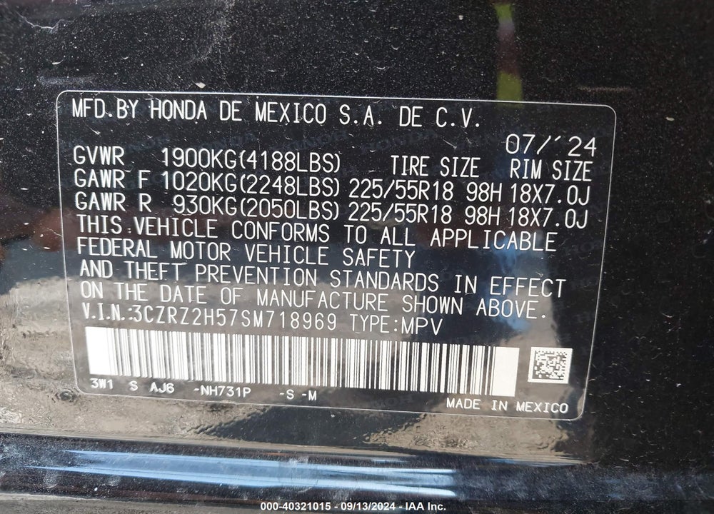 2025 HONDA HR-V AWD SPORT VIN: 3CZRZ2H57SM718969