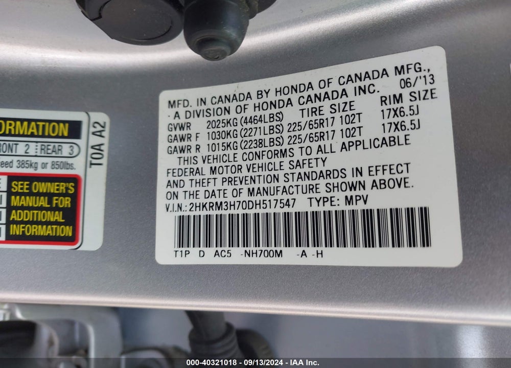 2013 HONDA CR-V EX-L VIN: 2HKRM3H70DH517547