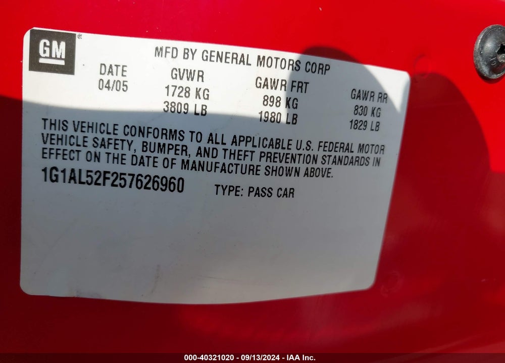 2005 CHEVROLET COBALT LS VIN: 1G1AL52F257626960