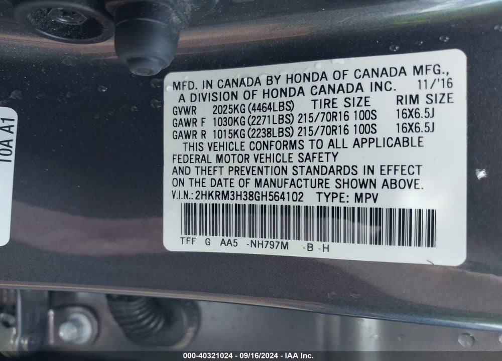 2016 HONDA CR-V LX VIN: 2HKRM3H38GH564102