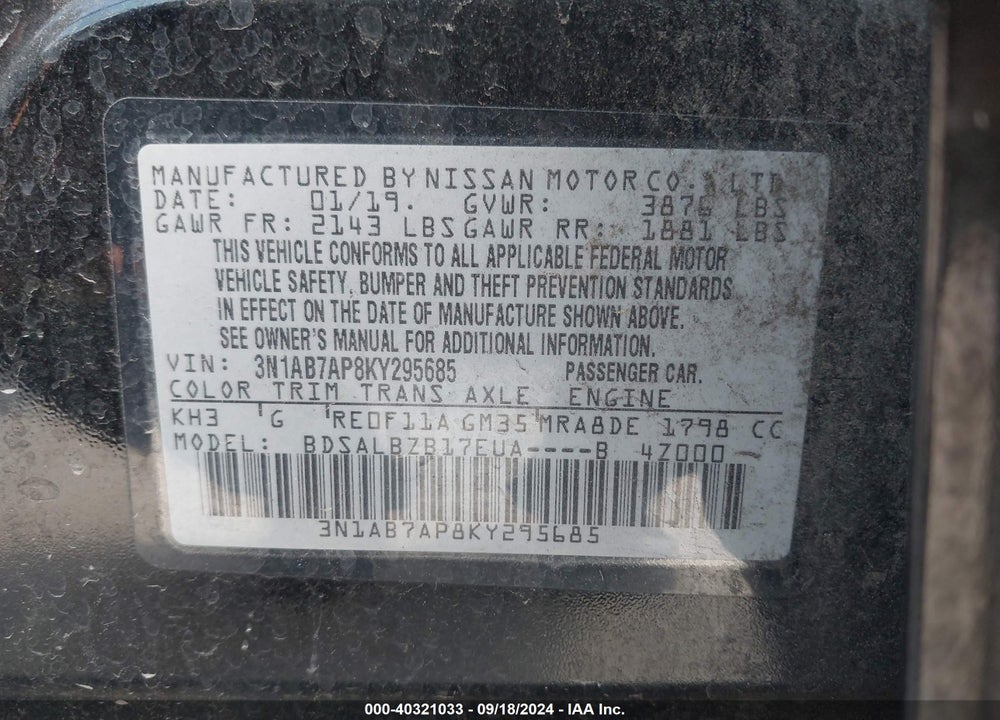 2019 NISSAN SENTRA S/SL/SR/SV VIN: 3N1AB7AP8KY295685