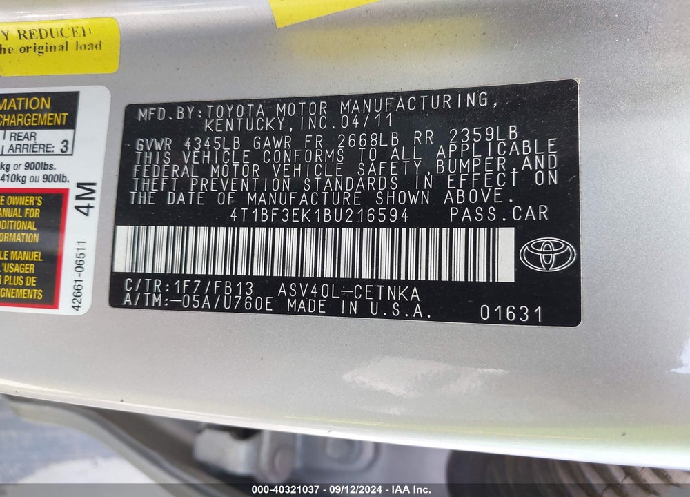 2011 TOYOTA CAMRY LE VIN: 4T1BF3EK1BU216594