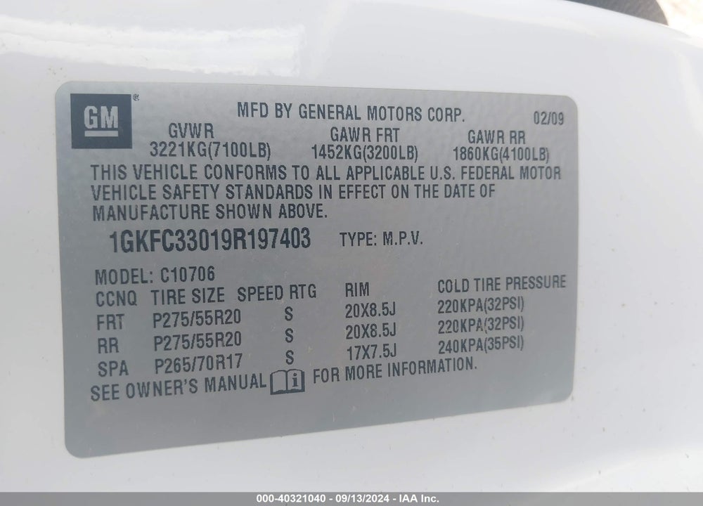 2009 GMC YUKON SLT2 VIN: 1GKFC33019R197403