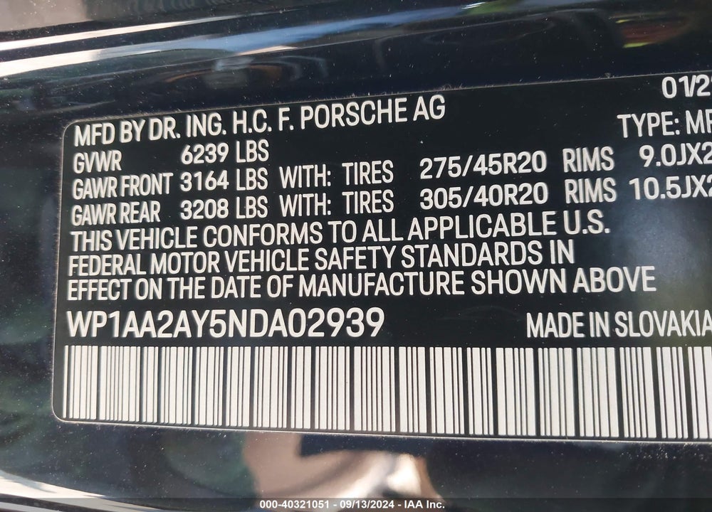 2022 PORSCHE CAYENNE PLATINUM EDITION VIN: WP1AA2AY5NDA02939