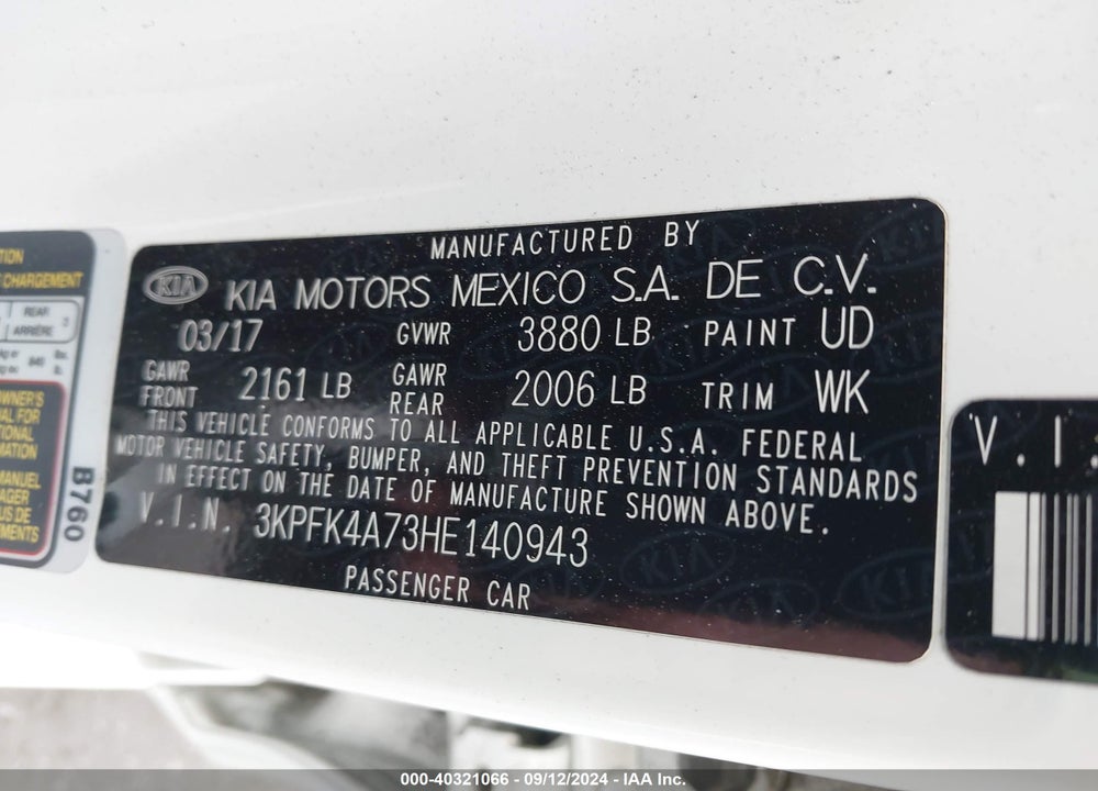 2017 KIA FORTE LX VIN: 3KPFK4A73HE140943