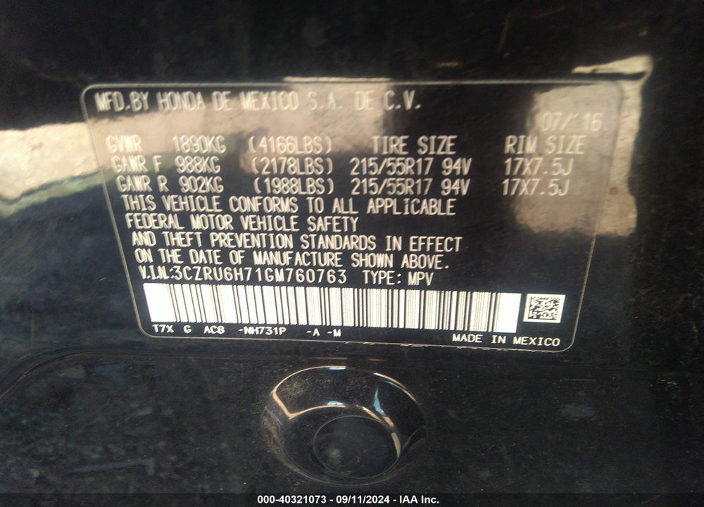 2016 HONDA HR-V EX-L VIN: 3CZRU6H71GM760763
