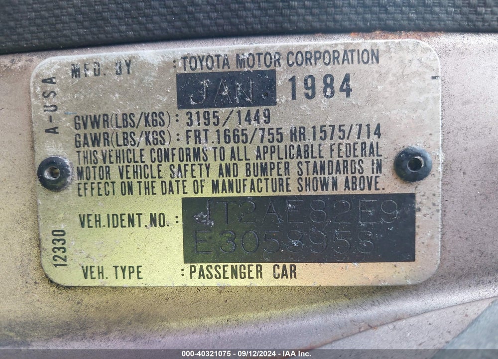 1984 TOYOTA COROLLA DLX VIN: JT2AE82E9E3058958