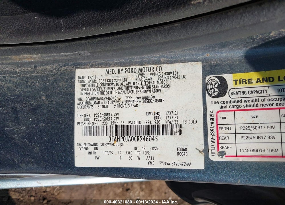 2012 FORD FUSION SEL VIN: 3FAHP0JA0CR246045