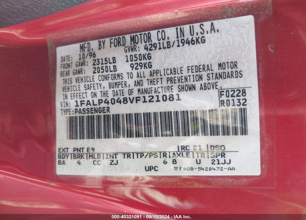 1997 FORD MUSTANG VIN: 1FALP4048VF121081
