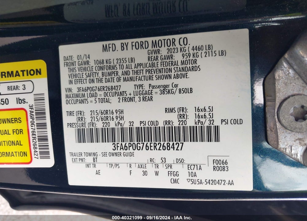 2014 FORD FUSION S VIN: 3FA6P0G76ER268427
