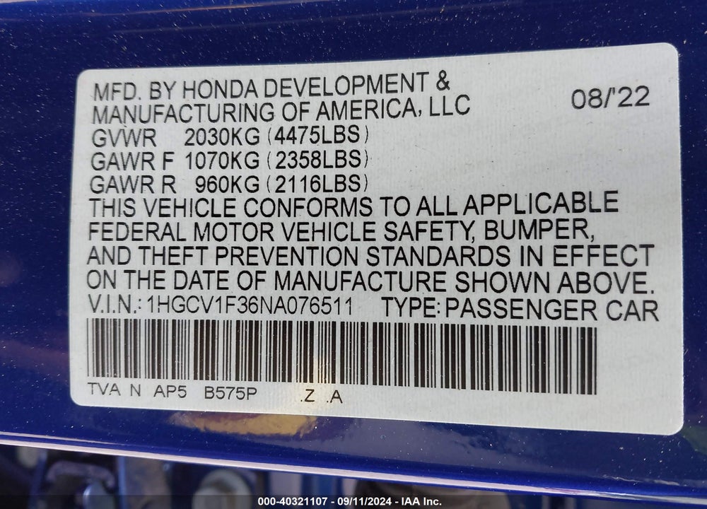2022 HONDA ACCORD SPORT VIN: 1HGCV1F36NA076511