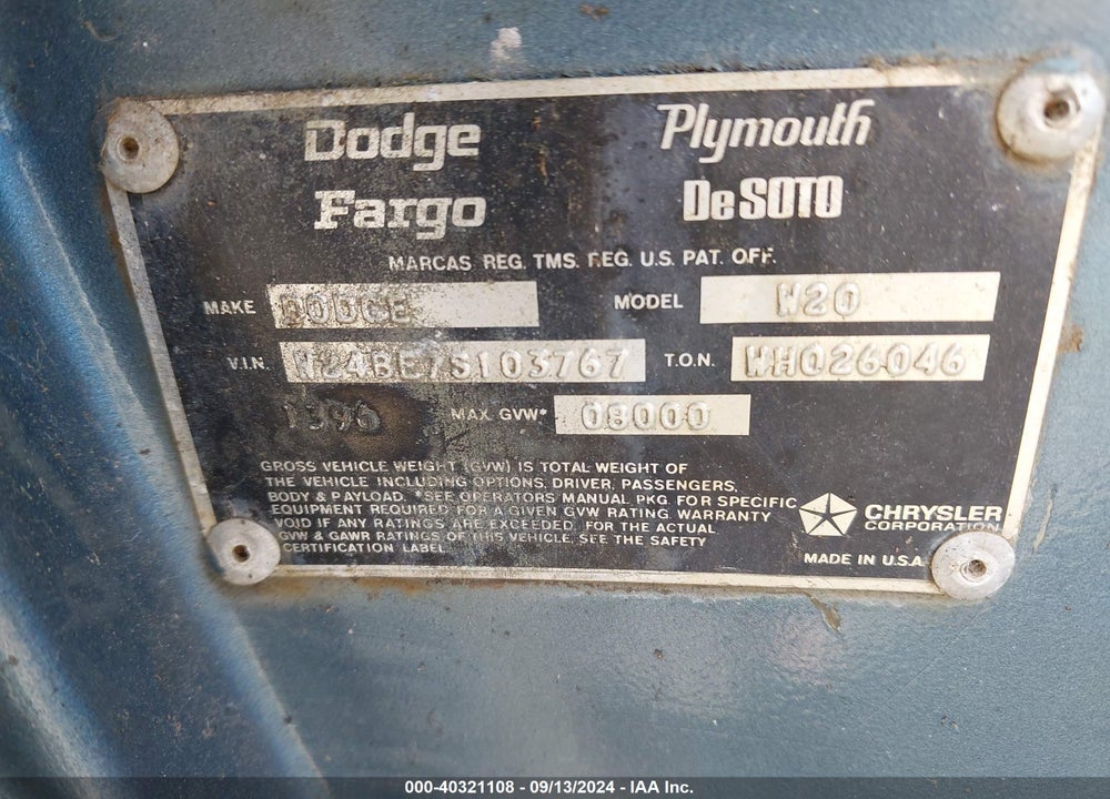 1977 DODGE PICKUP VIN: W24BE7S103767