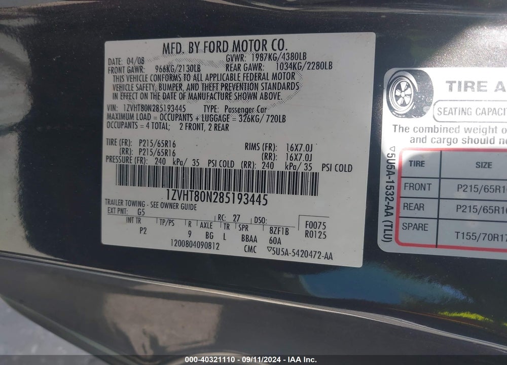 2008 FORD MUSTANG V6 DELUXE/V6 PREMIUM VIN: 1ZVHT80N285193445