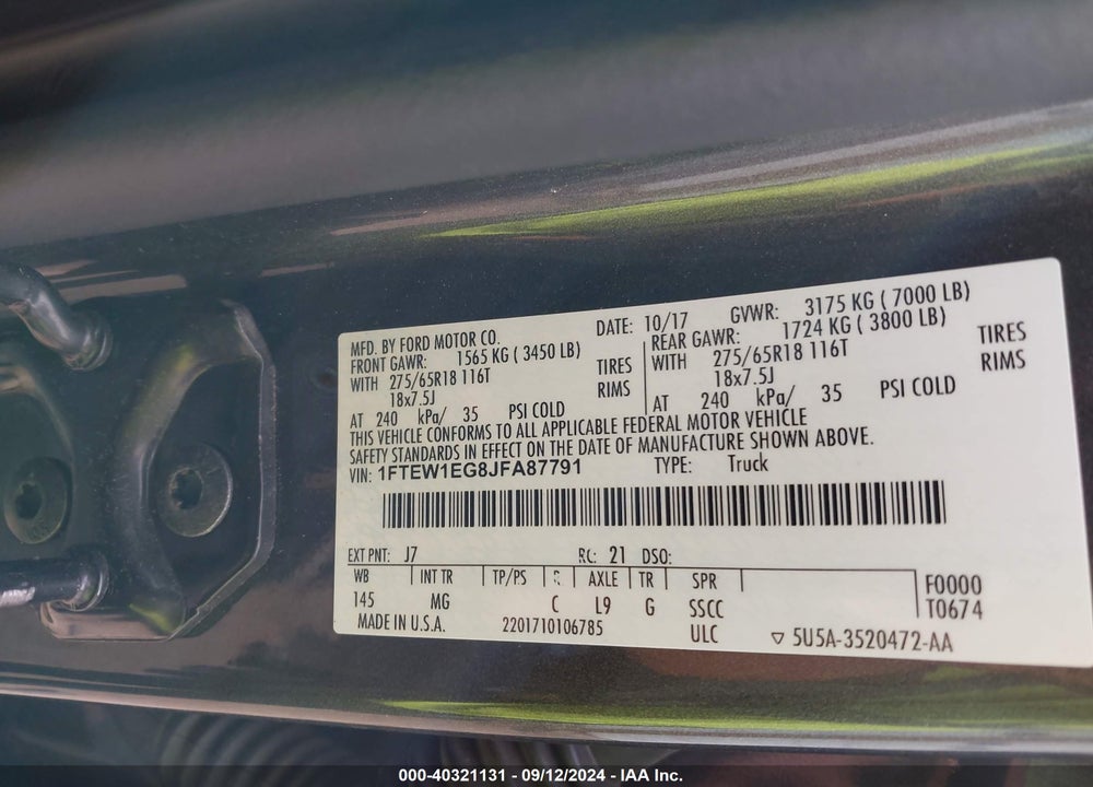 2018 FORD F-150 XLT VIN: 1FTEW1EG8JFA87791