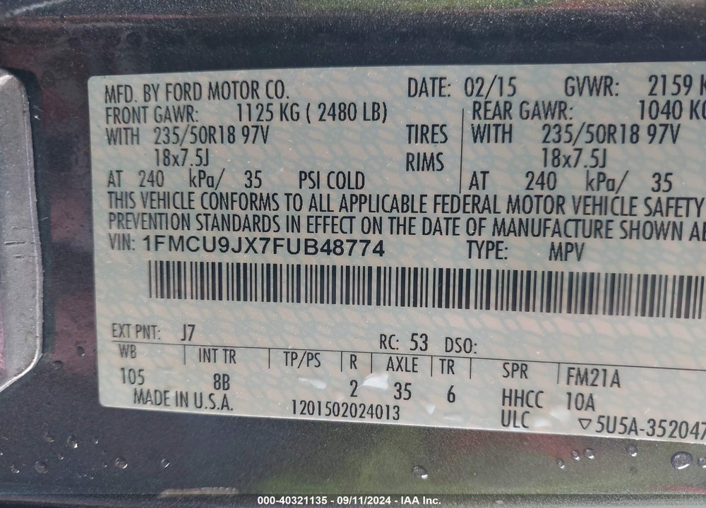 2015 FORD ESCAPE TITANIUM VIN: 1FMCU9JX7FUB48774
