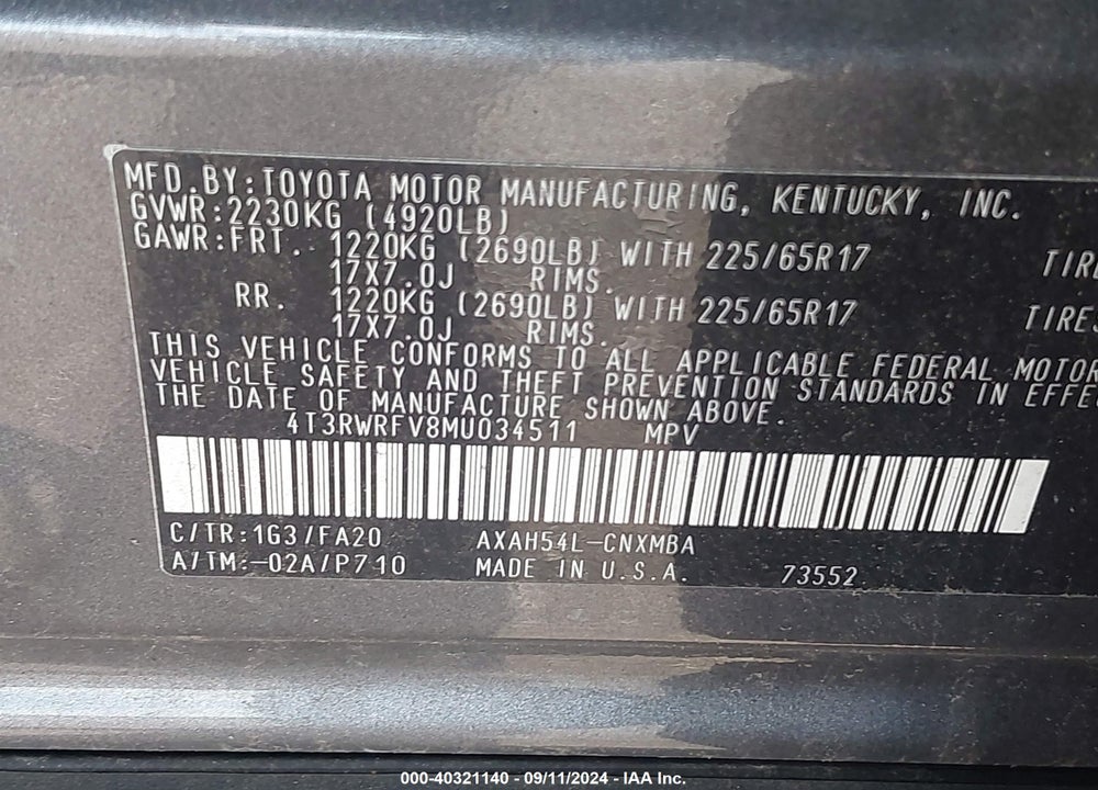 2021 TOYOTA RAV4 HYBRID XLE VIN: 4T3RWRFV8MU034511