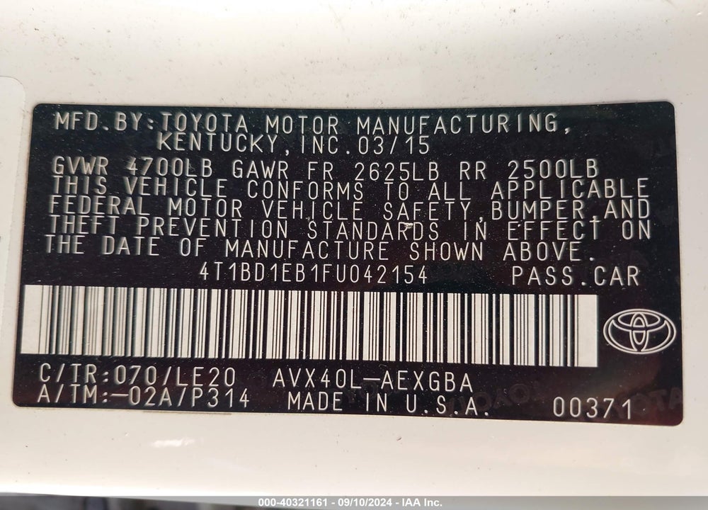 2015 TOYOTA AVALON HYBRID XLE TOURING VIN: 4T1BD1EB1FU042154