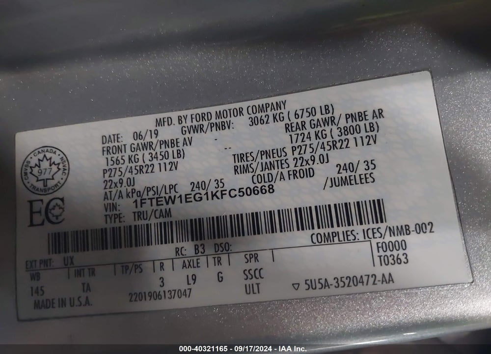 2019 FORD F-150 LIMITED VIN: 1FTEW1EG1KFC50668