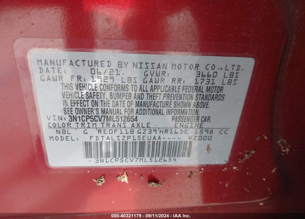 2021 NISSAN KICKS SV XTRONIC CVT VIN: 3N1CP5CV7ML512654