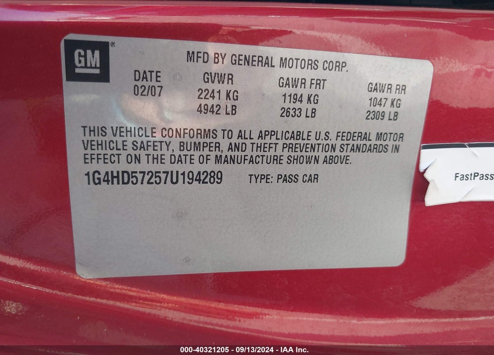 2007 BUICK LUCERNE CXL VIN: 1G4HD57257U194289