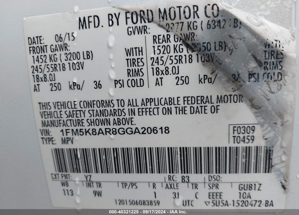 2016 FORD UTILITY POLICE INTERCEPTOR VIN: 1FM5K8AR8GGA20618