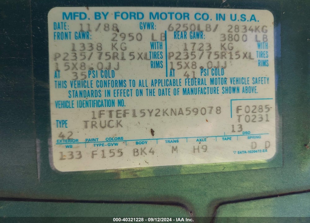 1989 FORD F150 VIN: 1FTEF15Y2KNA59078