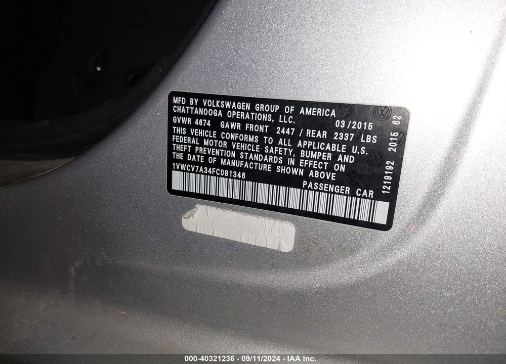 2015 VOLKSWAGEN PASSAT 2.0L TDI SEL PREMIUM VIN: 1VWCV7A34FC081346