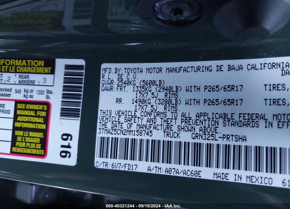 2021 TOYOTA TACOMA VIN: 3TMAZ5CN2MM158745