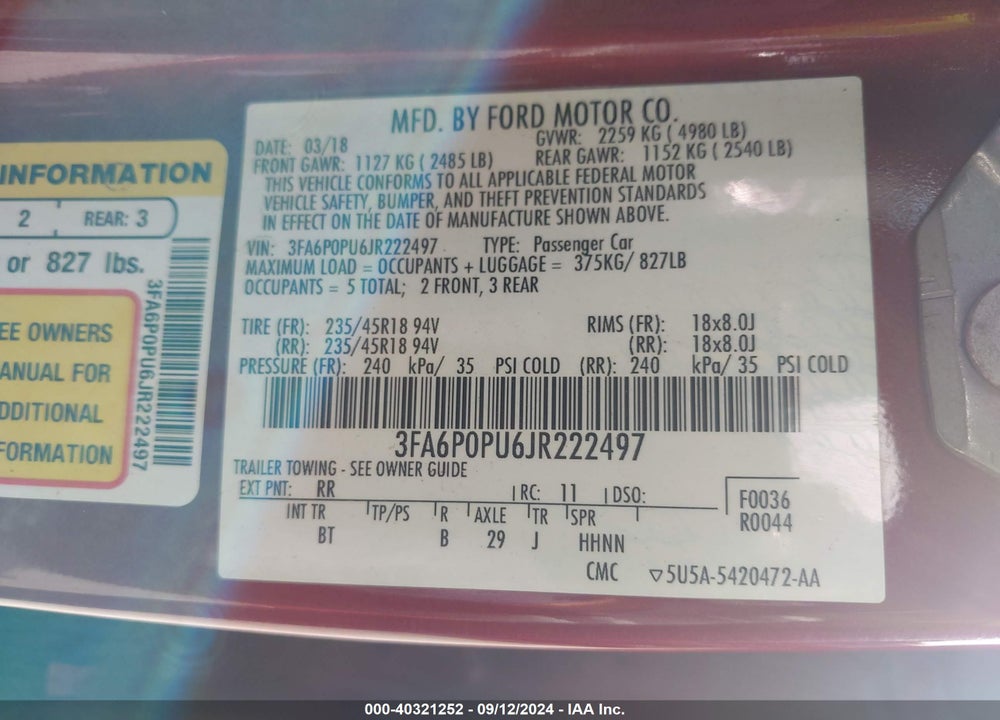 2018 FORD FUSION ENERGI SE LUXURY VIN: 3FA6P0PU6JR222497