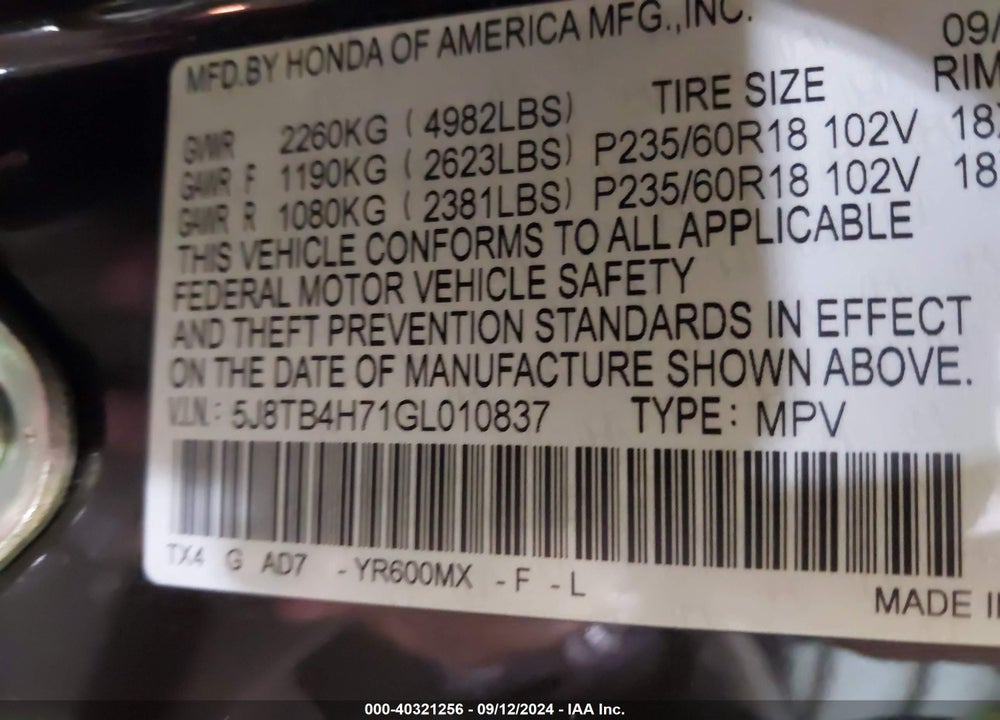 2016 ACURA RDX VIN: 5J8TB4H71GL010837