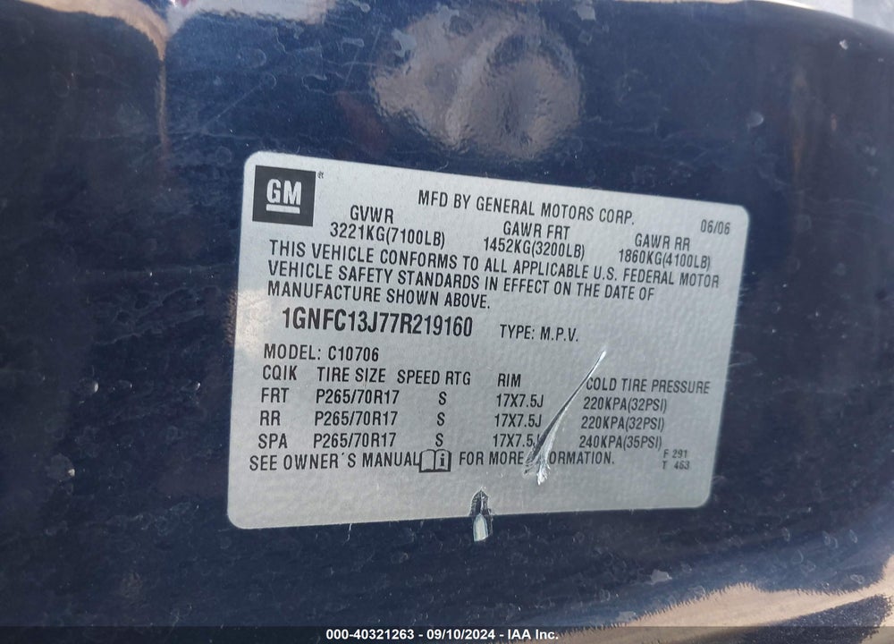 2007 CHEVROLET TAHOE LT VIN: 1GNFC13J77R219160