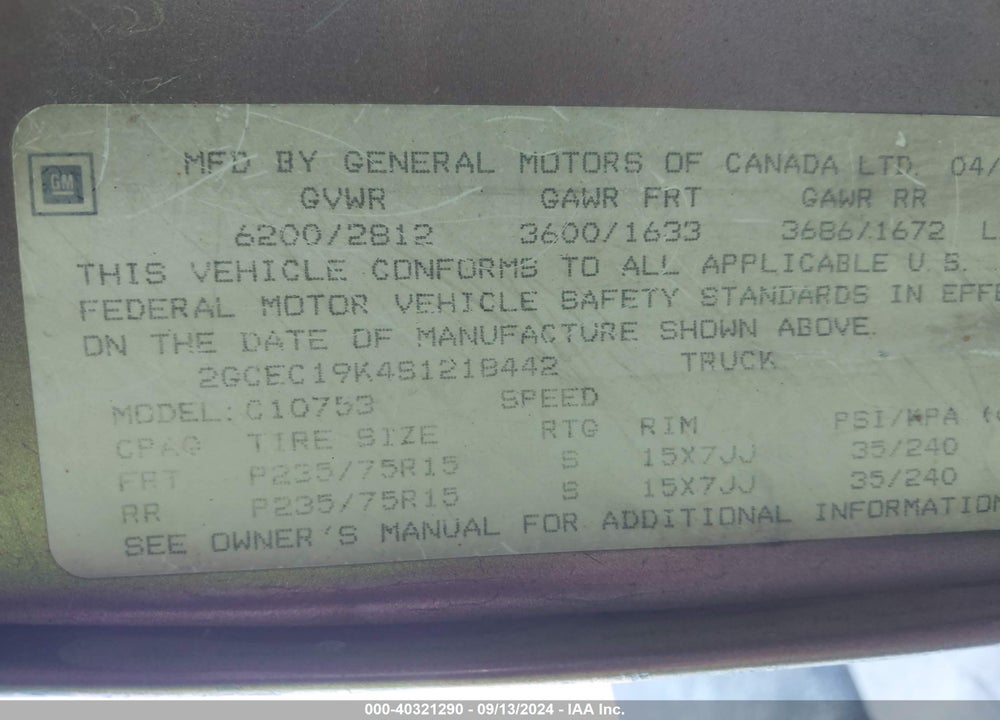 1995 CHEVROLET GMT-400 C1500 VIN: 2GCEC19K4S1218442