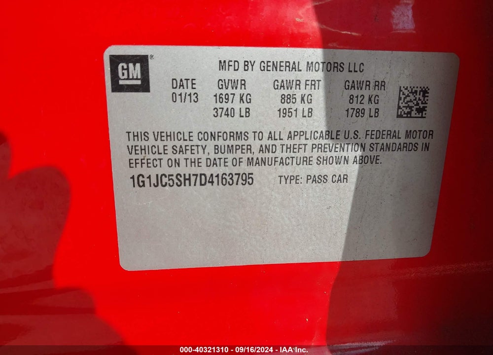 2013 CHEVROLET SONIC LT AUTO VIN: 1G1JC5SH7D4163795