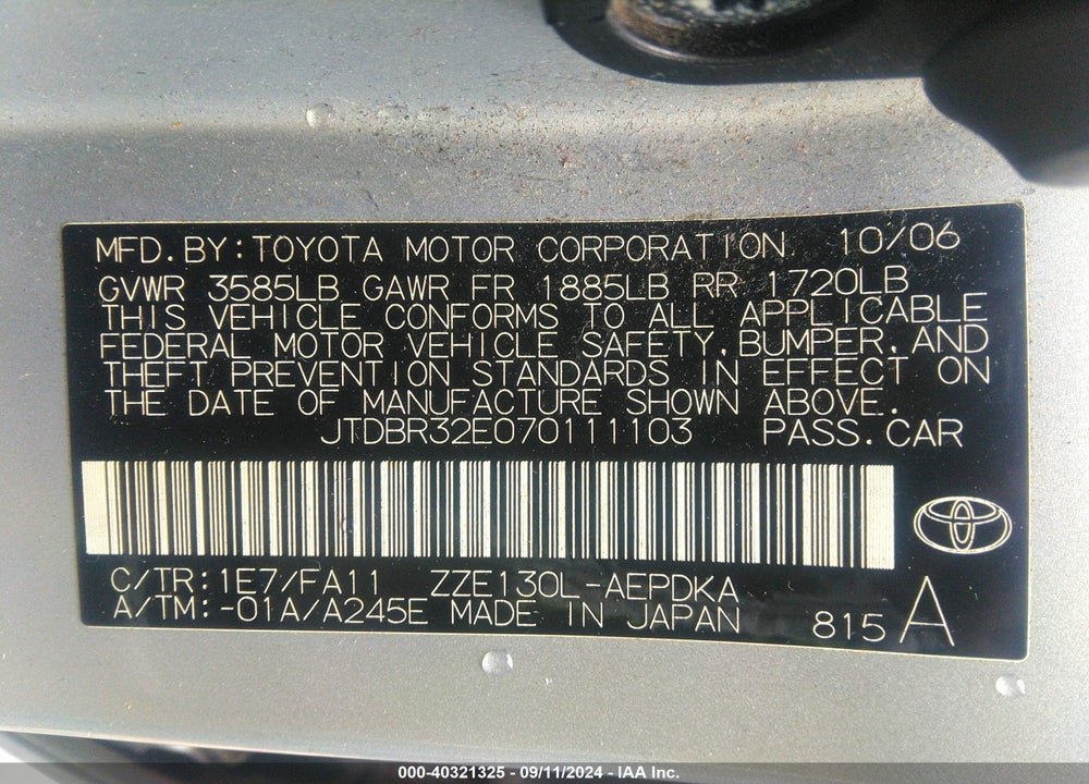 2007 TOYOTA COROLLA CE VIN: JTDBR32E070111103