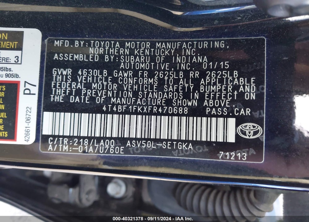2015 TOYOTA CAMRY XLE VIN: 4T4BF1FKXFR470688