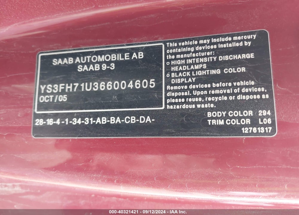 2006 SAAB 9-3 AERO VIN: YS3FH71U366004605
