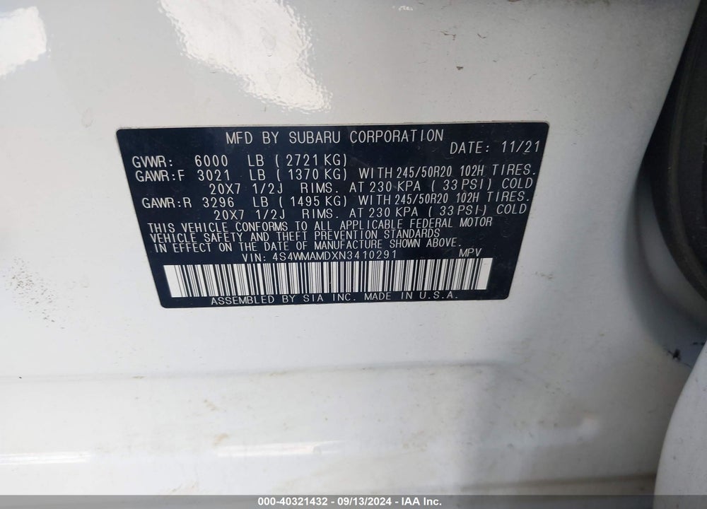 2022 SUBARU ASCENT LIMITED VIN: 4S4WMAMDXN3410291