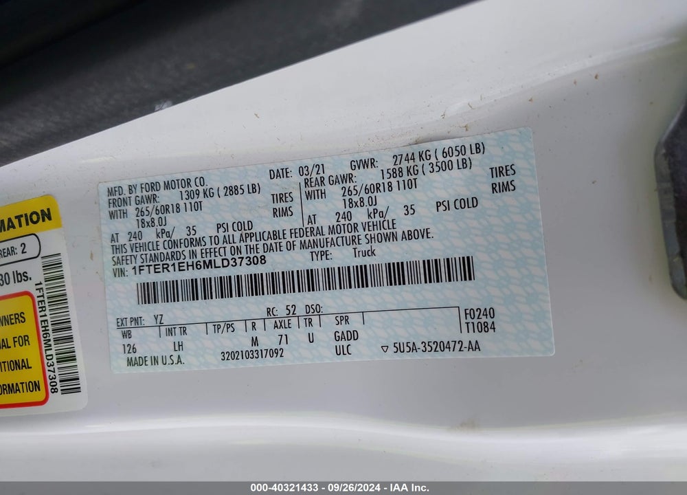 2021 FORD RANGER XL VIN: 1FTER1EH6MLD37308