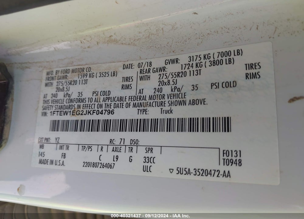 2018 FORD F-150 XLT VIN: 1FTEW1EG2JKF04796