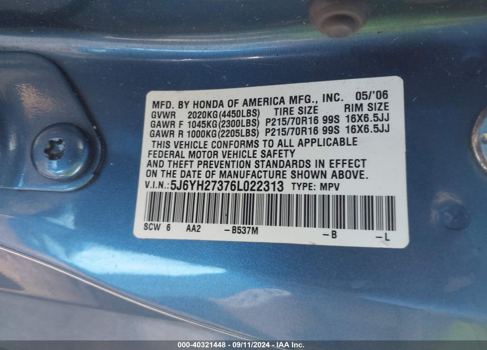 2006 HONDA ELEMENT LX VIN: 5J6YH27376L022313