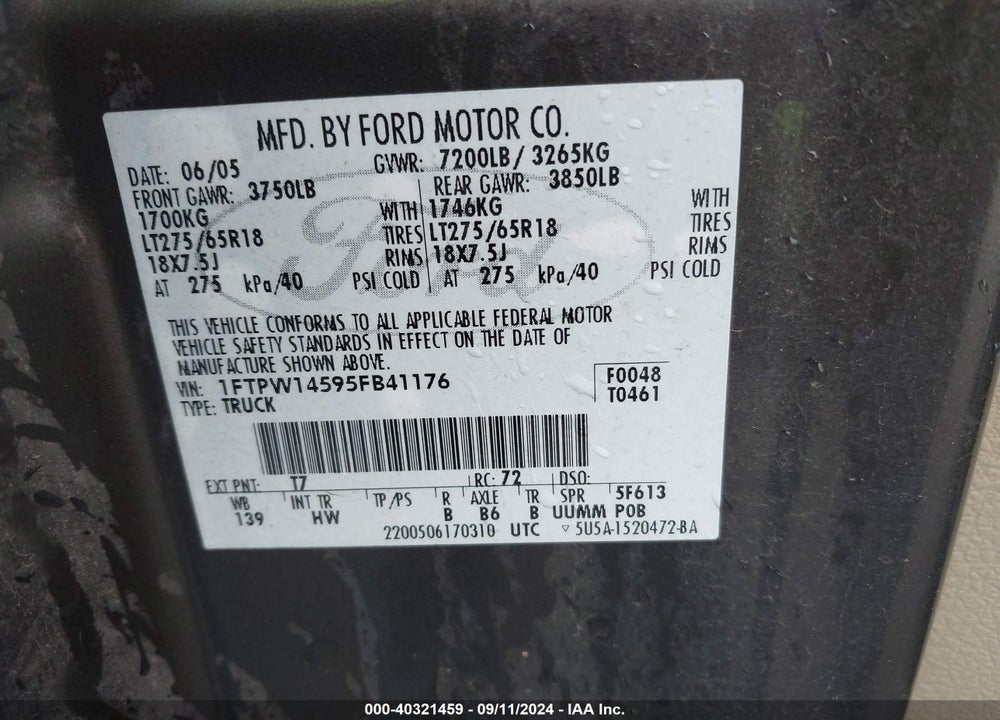 2005 FORD F-150 FX4/LARIAT/XLT VIN: 1FTPW14595FB41176