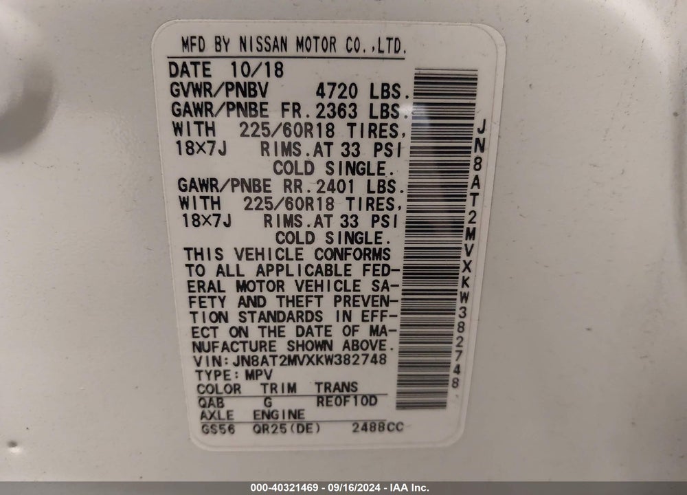 2019 NISSAN ROGUE SV VIN: JN8AT2MVXKW382748