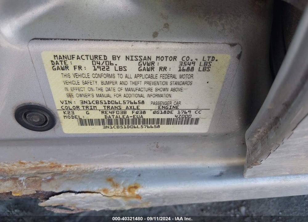 2006 NISSAN SENTRA 1.8S VIN: 3N1CB51D06L576658