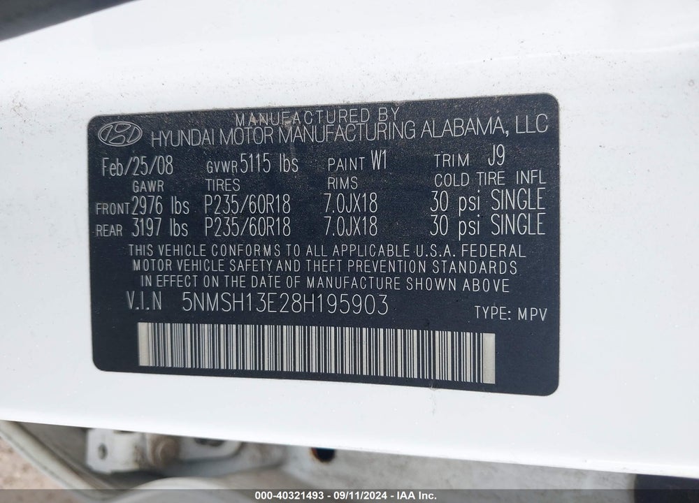 2008 HYUNDAI SANTA FE LIMITED/SE VIN: 5NMSH13E28H195903