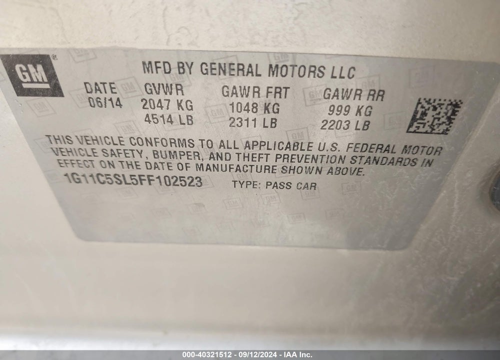 2015 CHEVROLET MALIBU 1LT VIN: 1G11C5SL5FF102523