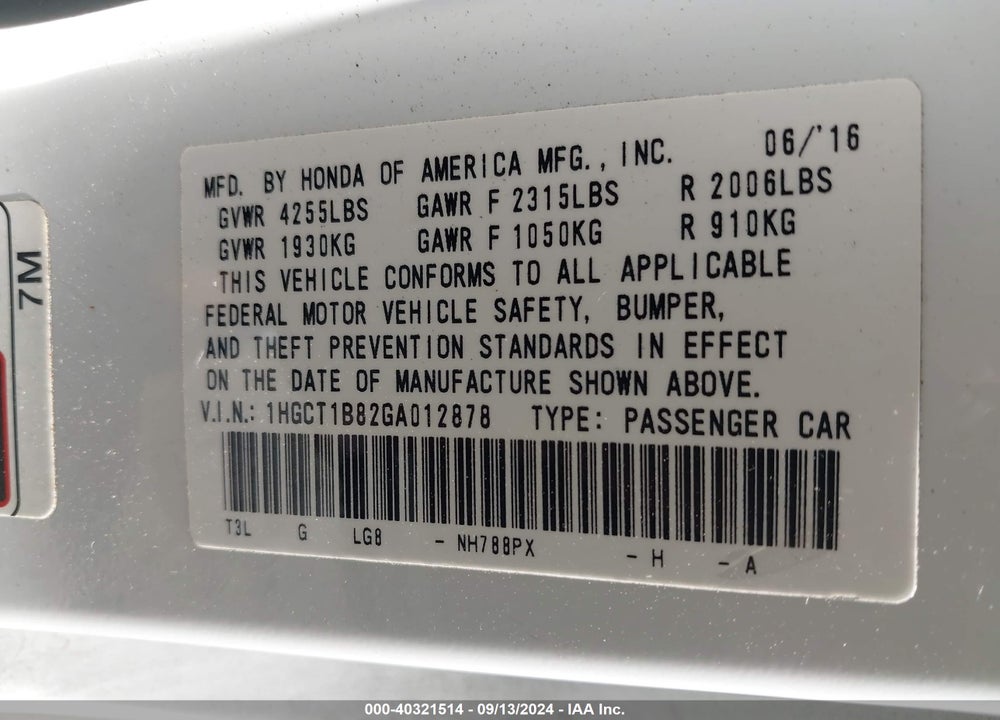 2016 HONDA ACCORD EX-L VIN: 1HGCT1B82GA012878